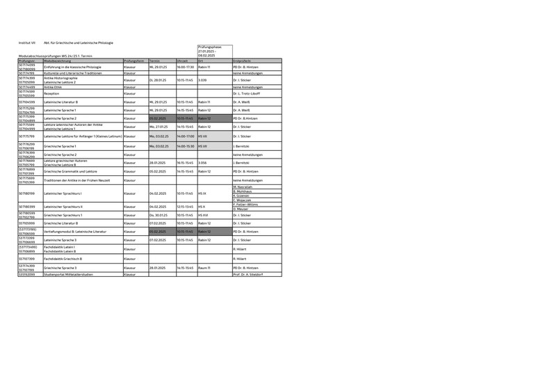 Klausurtermine Klassische Philologie WS 24/25